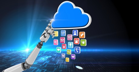 Robot hand touching cloud shape and various icons in background