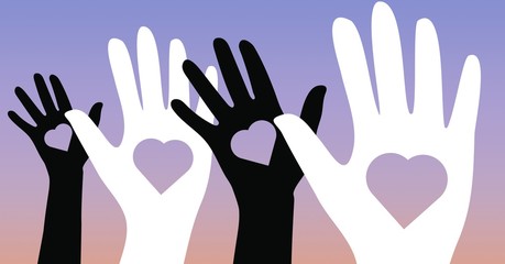 Illustration of black and white hands with heart shapes