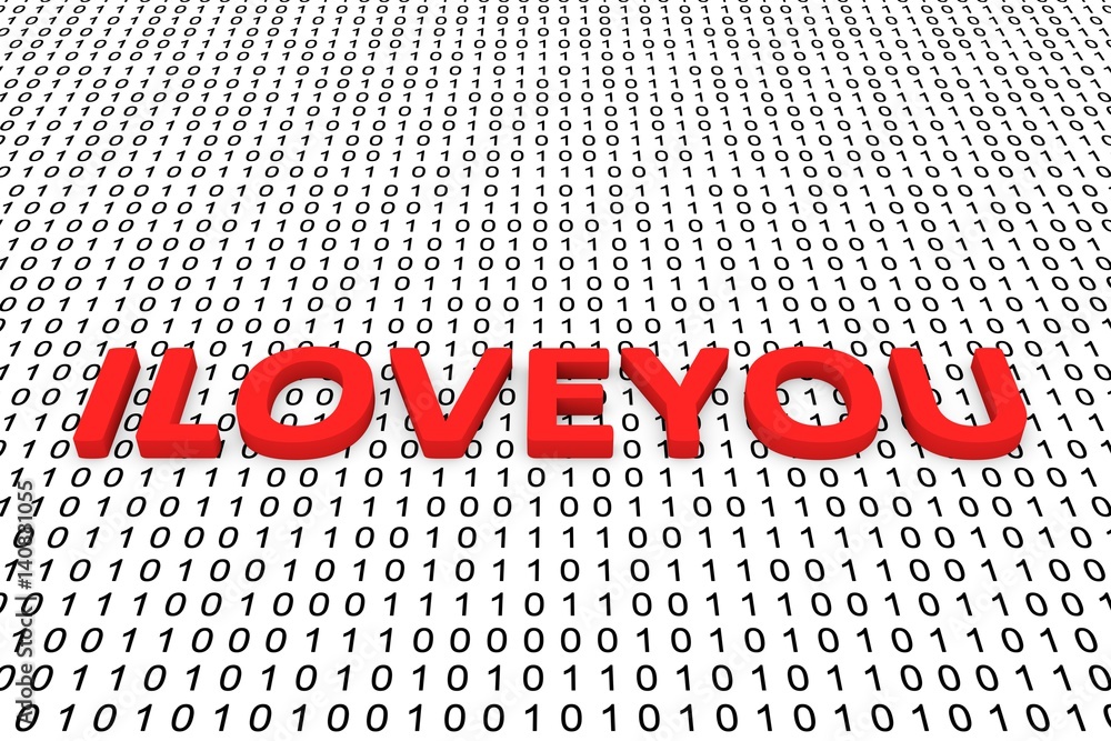 Poster iloveyou in the form of binary code, 3d illustration