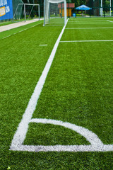 Fototapeta premium Corner of a green empty soccer field in Belgrade, Serbia