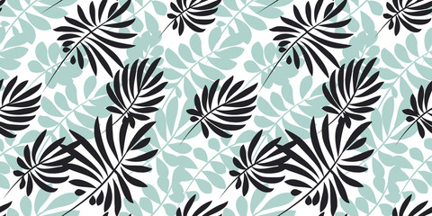 tropical leaves seamless pattern in simple flat style. surface design vector illustration for print, wrapping paper, fabric, background.