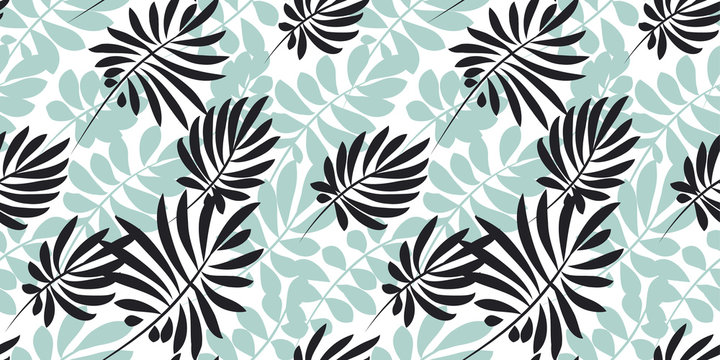 tropical leaves seamless pattern in simple flat style. surface design vector illustration for print, wrapping paper, fabric, background.