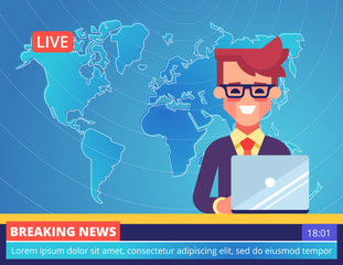 Handsome young tv newscaster man reporting breaking news sitting in a studio with world map on background. Modern vector illustration.