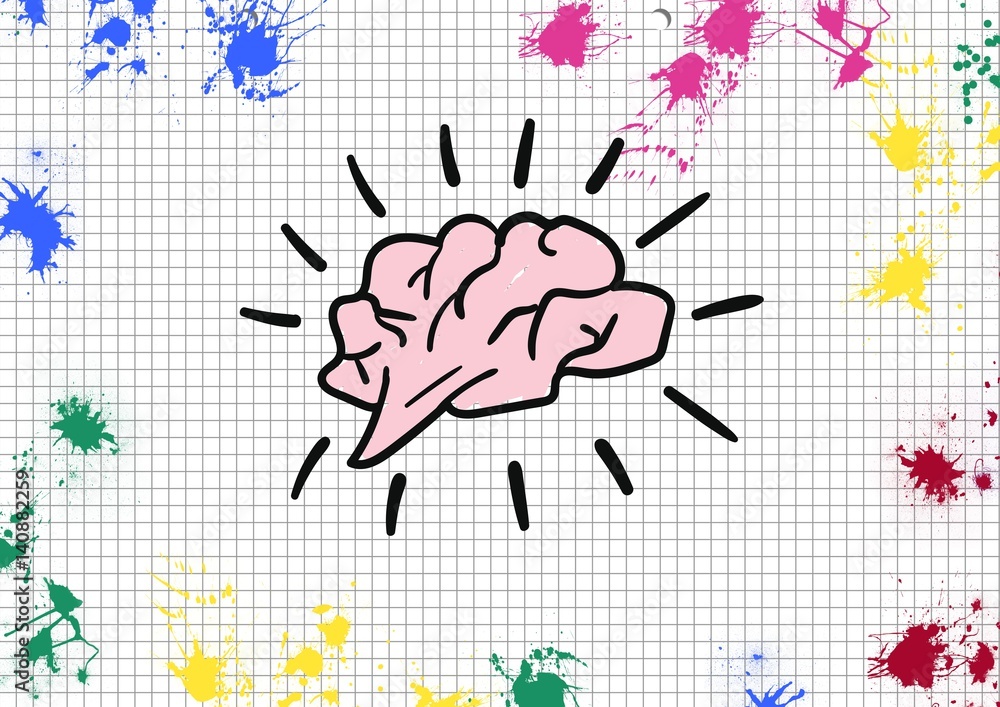 Poster brain shape on paper with color splashes