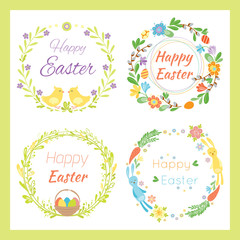 Happy easter hand drawn badge with hand lettering greeting decoration element and natural wreath handmade style vintage symbol spring flower vector illustration.