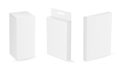 Set of white blank cosmetic or medical boxes isolated. White packaging mockup for design or branding. Vector illustration