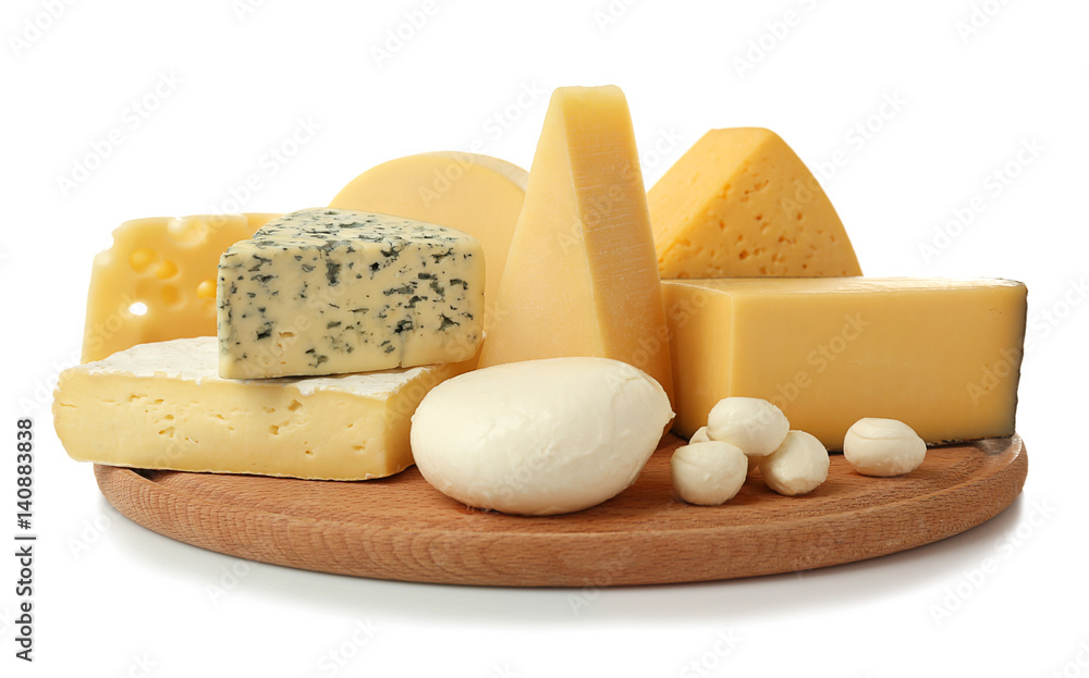 Sticker assortment of cheese on wooden board isolated on white