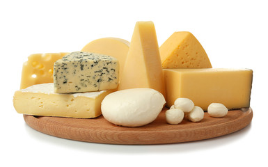 Assortment of cheese on wooden board isolated on white - Powered by Adobe