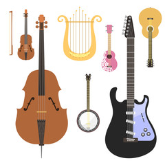 Fototapeta premium Set of stringed musical instruments classical orchestra art sound tool and acoustic symphony stringed fiddle wooden equipment vector illustration