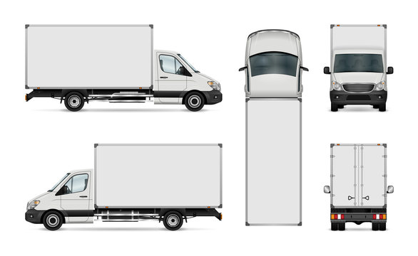 White van vector template. Isolated delivery truck. All elements in the groups have names, the view sides are on separate layers for easy editing. View from side, back, front and top.
