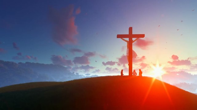 Jesus on cross against morning sunrise, believers praying
