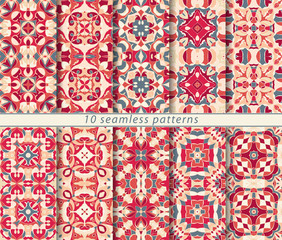 Ten seamless patterns in Oriental style. Eastern ornaments for design fabric, wrapping paper or scrapbooking. Vector illustration in red colors.