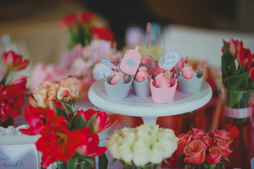 Beautiful sweets on buffet table with decorations