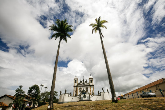 The Basilica do Bom Jesus de Matosinhos with the statues of the prophets by Aleijadinho in Congonhas, Minas Gerais, Brazil.