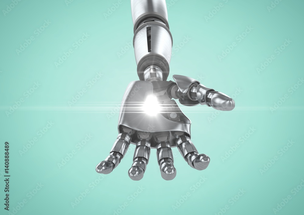 Wall mural Robot hand with white light against turquoise background