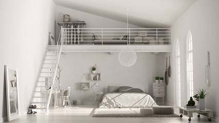 Scandinavian white minimalist loft bedroom with home office, classic interior design