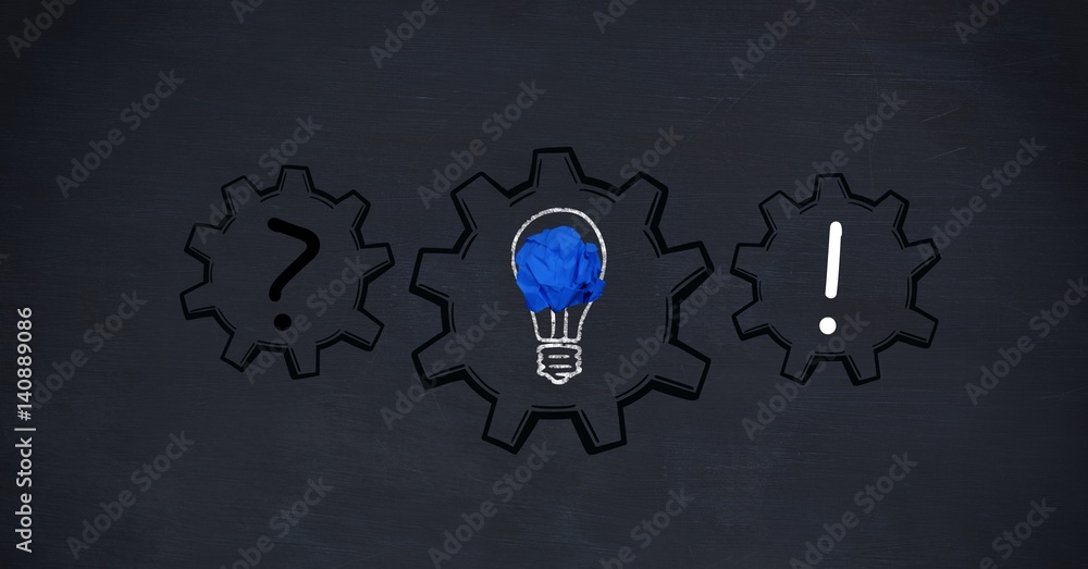 Poster gears with light bulb and punctuation marks on black background