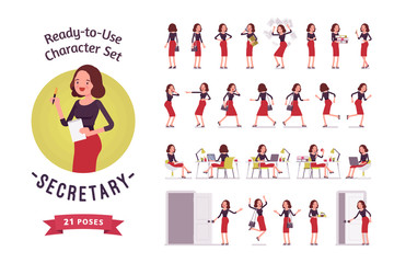 Ready-to-use young female secretary character set, different poses and emotions