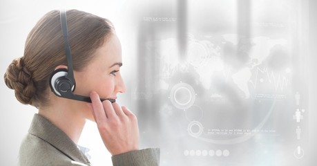 Customer service executive against world map in background