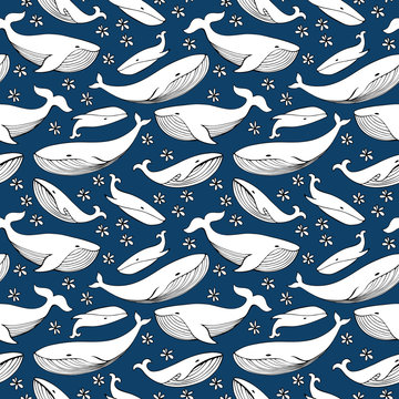 Cute hand drawn whales. Monochrome Vector seamless pattern.