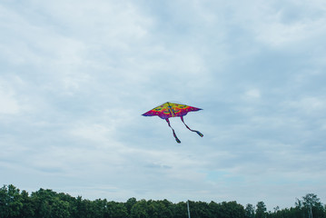 Flying colorful children's kite, dark sky with clouds.  Favorite children's game.