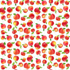 Watercolor hand drawn illustration seamless pattern background doodle set of red apples with leaves isolated on white