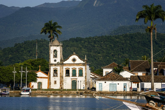 View over Santa Rita church and the harbour, Paraty, Rio de Janeiro State, Brazil.