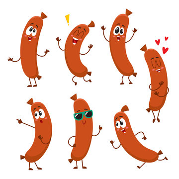 Cute and funny sausage characters with human face showing different emotions, cartoon vector illustration isolated on white background. Set of sausage characters, mascot, design elements