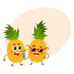 Two cute and funny pineapple characters, one tickling the other, cartoon vector illustration with place for text. Couple of funny pineapple characters, mascots having fun together