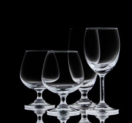 Crystal empty glasses,closeup shot on black isolated.