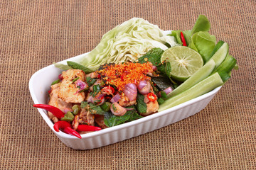 Sliced grilled beef salad , Laab Num Tok in Thai.