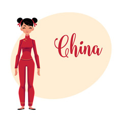 Chinese woman in national costume, red tunic and pants, cartoon vector illustration with place for text. Woman from China in Chinese national dress wearing pair of hair buns