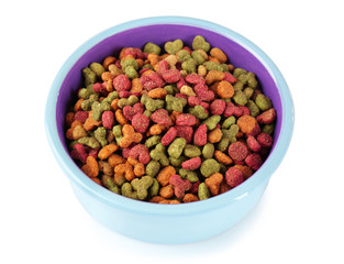 Cat food in bowl on white background