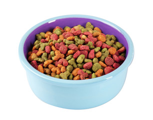 Cat food in bowl on white background