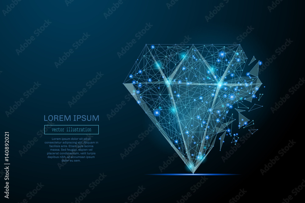 Poster Abstract image of a diamond in the form of a starry sky or space, consisting of points, lines, and shapes in the form of planets, stars and the universe. Vector business wireframe concept.