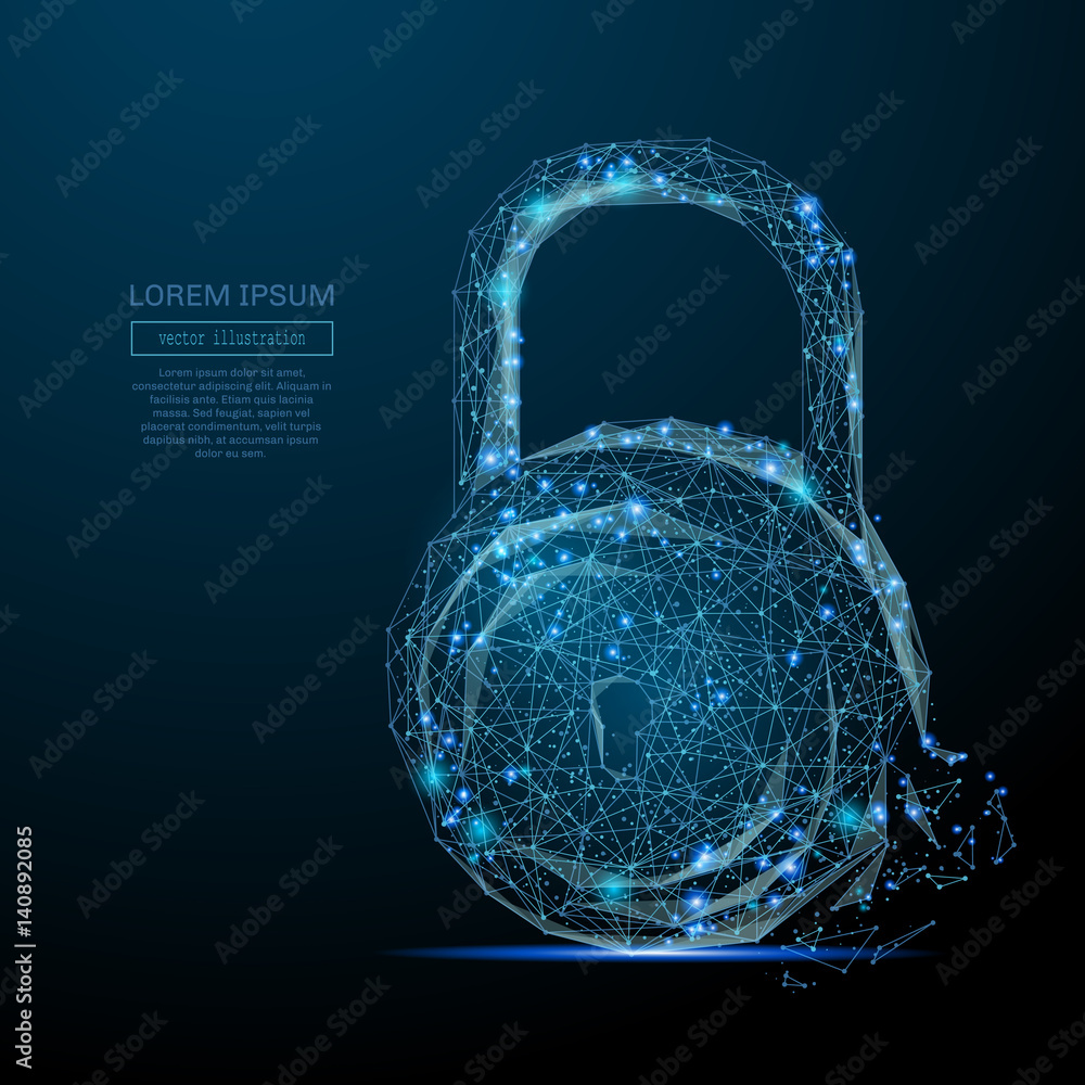 Poster Abstract image of a lock in the form of a starry sky or space, consisting of points, lines, and shapes in the form of planets, stars and the universe. Vector business wireframe concept.