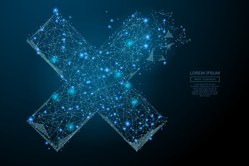 Abstract image of a cross X in the form of a starry sky or space, consisting of points, lines, and shapes in the form of planets, stars and the universe. Vector business wireframe concept.