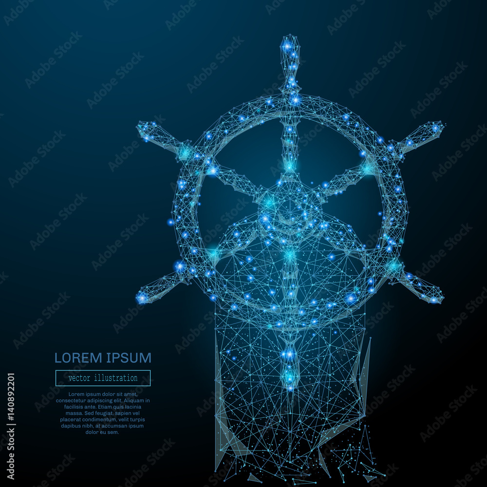 Aufkleber Abstract image of a steering wheel in the form of a starry sky or space, consisting of points, lines, and shapes in the form of planets, stars and the universe. Vector business wireframe concept.
