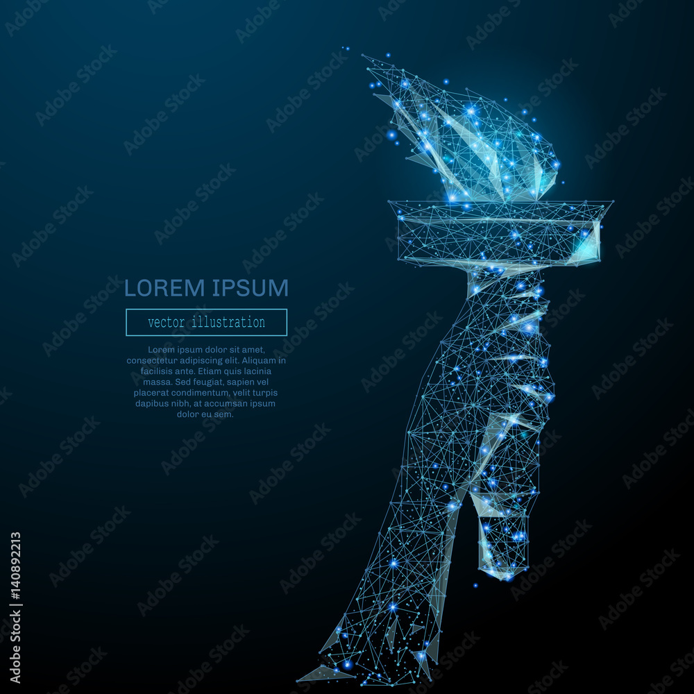 Poster Abstract image of a Torch in hand in the form of a starry sky or space, consisting of points, lines, and shapes in the form of planets, stars and the universe. Vector business wireframe concept.