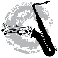 silhouette of a saxophone on a grey splotch
