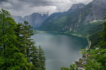 Aerial view of famous Hallstatt village in the Austrian Alps at Salzkammergut region, Austria