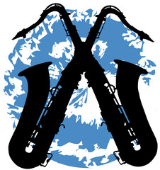 crossed saxophones on a colorful splotch