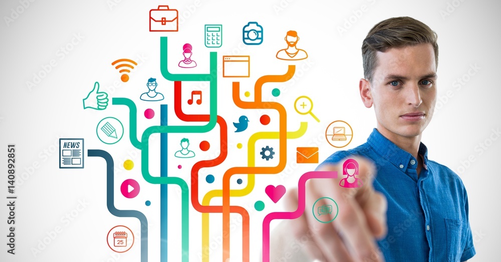 Poster man touching applications interface against white background