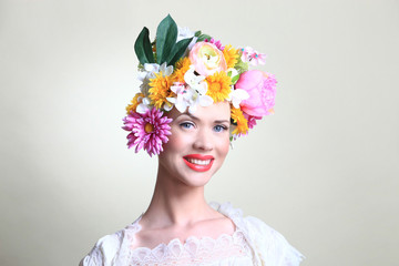 Smiling Spring with great beauty model and flowers.