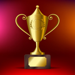 Realistic Gold cup for first place On a red background