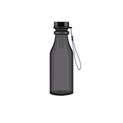 Plastic colorful bottle of water or other liquid with cap and cord. Sport bottle of water. Vector illustration.