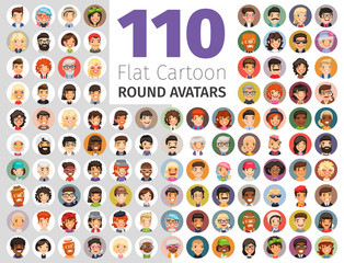 Flat Cartoon Round Avatars Big Collection - obrazy, fototapety, plakaty