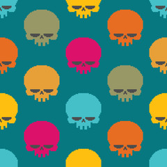 Skull pixel art seamless pattern. head of skeleton pixelated background. Retro 8 bit texture