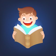 A boy reading an amazing book. Imagination concept. Vector illustration.