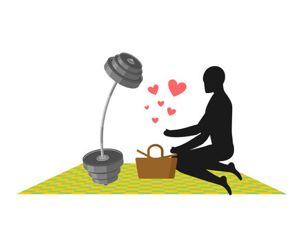 Lover Fitness. Man and barbell On picnic. Basket and picnic blanket. Lovers sport. Always together. I love bodybuilding